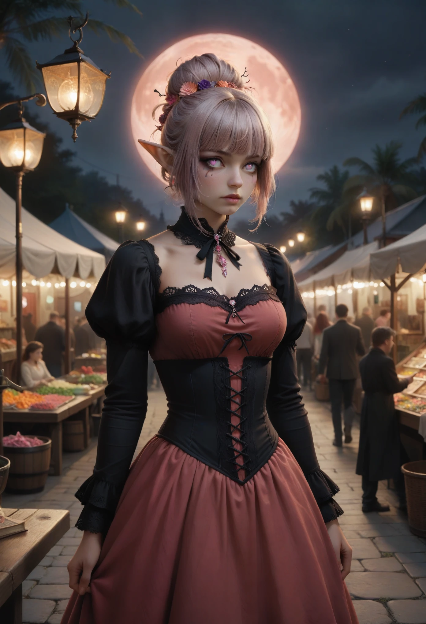 (Ultra-detailed face, looking away, Fantasy Illustration with Gothic, Ukiyo-e, Comic Art, rich tone colors), BREAK (This is a medieval Asian-style port town on the coast in a warm tropical climate. The market is quiet, lit by the red moon.), BREAK (A dark elf woman stands behind a table in a stall tent, pointing to the colorful gems on the table. Colorful gems of various shapes and colors are arranged in gradations. The gems sparkle suspiciously in the light of the lamp. She draws a speech balloon on the screen and with the words "Would you like a jewel that will make your dreams come true?" written in large letters on a speech balloon.), BREAK (A middle-aged dark elf woman with silver color hair, blunt bangs, Hair in a bun and dark purple color skin, lavender color eyes. She wears smoky makeup around her eyes. She wears dark eyeliner under her eyes.), BREAK (A dark elf woman wears a pink coral hair ornament and a Victorian draped dark red dress with lace and embroidery.)