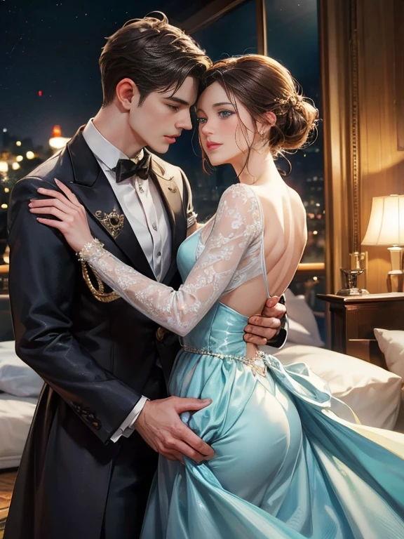 (masterpiece, highest quality, official art, beauty and aesthetic:1.5), (perfect anatomy, perfect hands), two stunning bride is deeply in love with each other, kiss, romantic atmosphere, flower and moon, magnificent panorama view