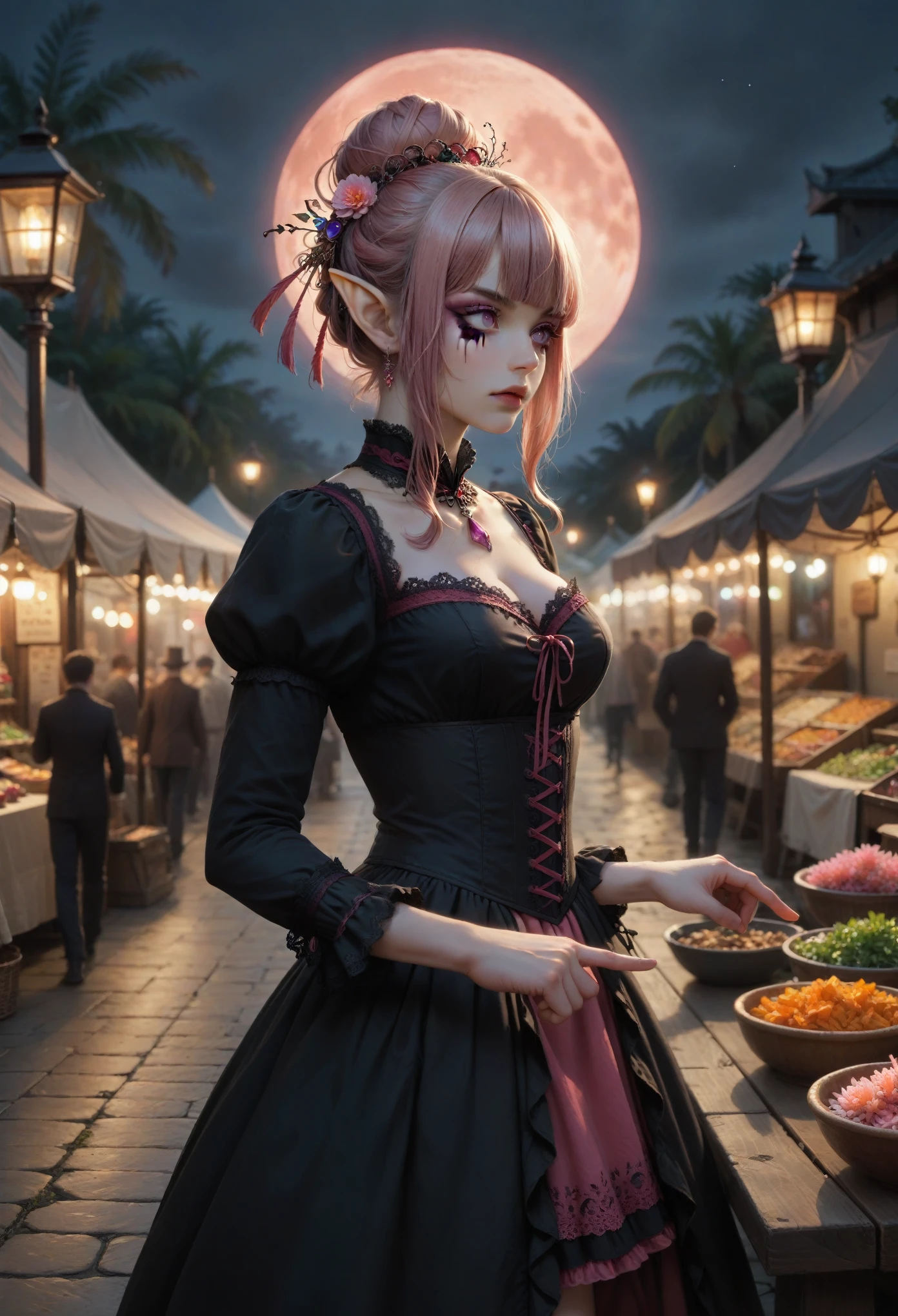 (Ultra-detailed face, looking away, Fantasy Illustration with Gothic, Ukiyo-e, Comic Art, rich tone colors), BREAK (This is a medieval Asian-style port town on the coast in a warm tropical climate. The market is quiet, lit by the red moon.), BREAK (A dark elf woman stands behind a table in a stall tent, pointing to the colorful gems on the table. Colorful gems of various shapes and colors are arranged in gradations. The gems sparkle suspiciously in the light of the lamp. She draws a speech balloon on the screen and with the words "Would you like a jewel that will make your dreams come true?" written in large letters on a speech balloon.), BREAK (A middle-aged dark elf woman with silver color hair, blunt bangs, Hair in a bun and dark purple color skin, lavender color eyes. She wears smoky makeup around her eyes. She wears dark eyeliner under her eyes.), BREAK (A dark elf woman wears a pink coral hair ornament and a Victorian draped dark red dress with lace and embroidery.)