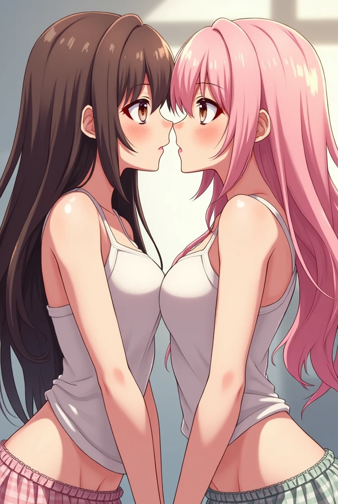 Masterpiece, Best Quality ,, 2 girls, Yuri, (Kisses:1.4), (French Kiss), Blushing, Eyes closed, (tongue), (Saliva), (groping), Hands on chest, Tongue sucking, sweat, Cheerleader, Tank top, Miniskirt, disheveled clothing, Panties exposed, Clothes that stick to the body with sweat, Transparent underwear, Sexy lingerie, Nasty look, Ecstasy,