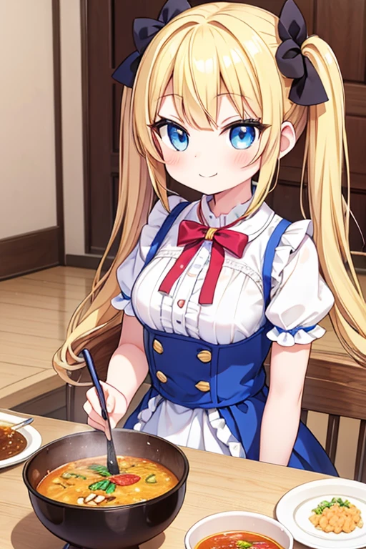 嬉しそうなsmile,Eat a large serving of curry rice,big curryrice,Cola,Highest quality,Blonde with blue eyes、****ta、Small breasts、Twin tails、girl&#39;enjoy,smile,bonnet,