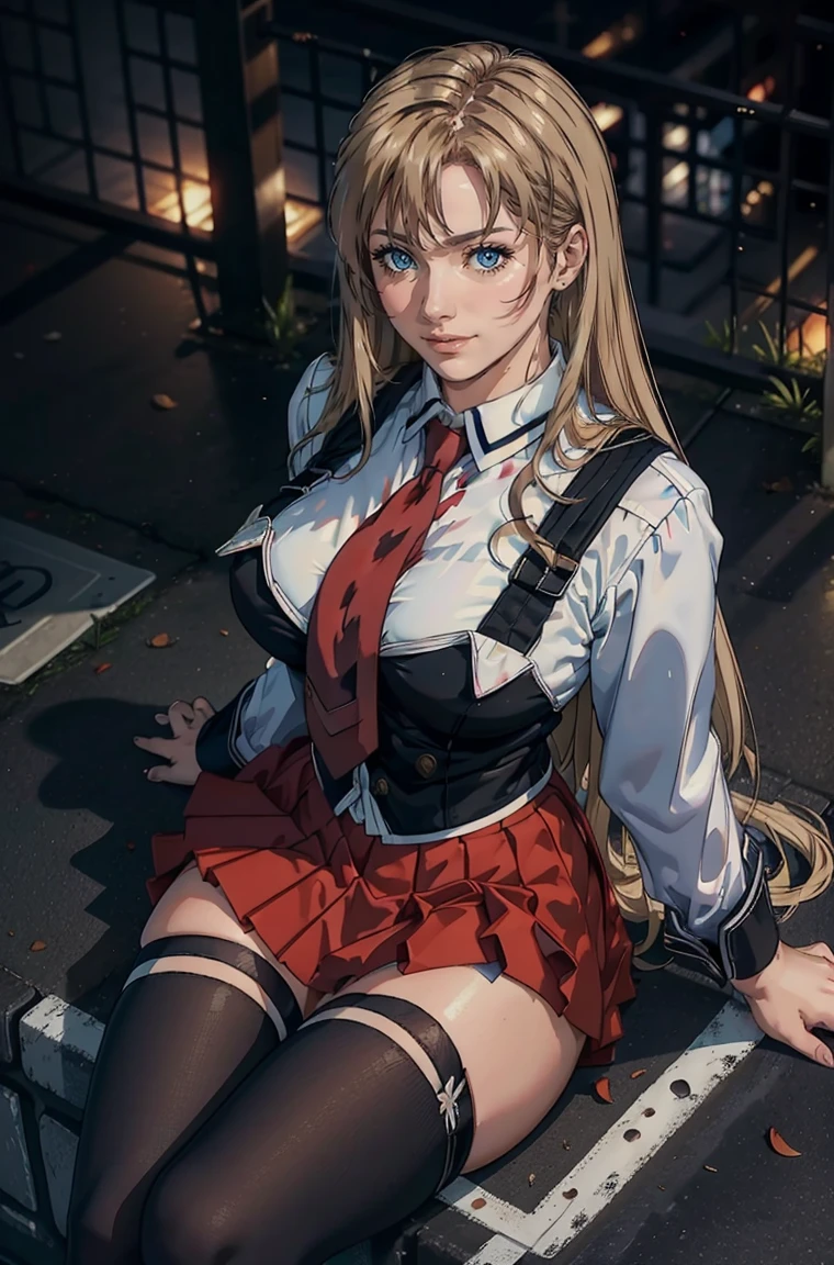 ((masterpiece, best quality)), insaneres, absurdres, solo, outdoors, CLOTHING_BibleBlack_SchoolDress_ownwaifu, 1girl, blonde hair, long hair, blue eyes, black vest, red skirt, white shirt, collared shirt, suspenders, school uniform, black thighhighs, zettai ryouiki, necktie, long sleeves, pleated skirt, red necktie, (from above, sitting)lens flare, depth of field, bokeh, embers, vanishing point, looking at viewer,
