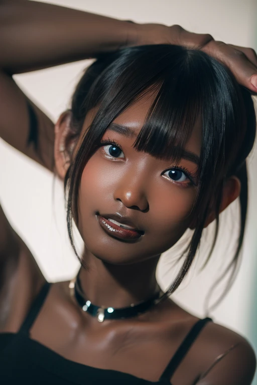 best quality, masterpiece, highres, (detailed:1.4), 1 girl, black hair, (((( dark skin:1.5 )))), extremally thin eyebrows , thick bluish eyeshadow, thick black eyeliner, Highlighted eyes with eyeliner, false eyelashes, (( arms up ))