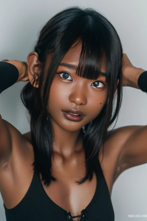 best quality, masterpiece, highres, (detailed:1.4), 1 girl, black hair, (((( dark skin:1.5 )))), extremally thin eyebrows , thick bluish eyeshadow, thick black eyeliner, Highlighted eyes with eyeliner, false eyelashes, (( arms up ))