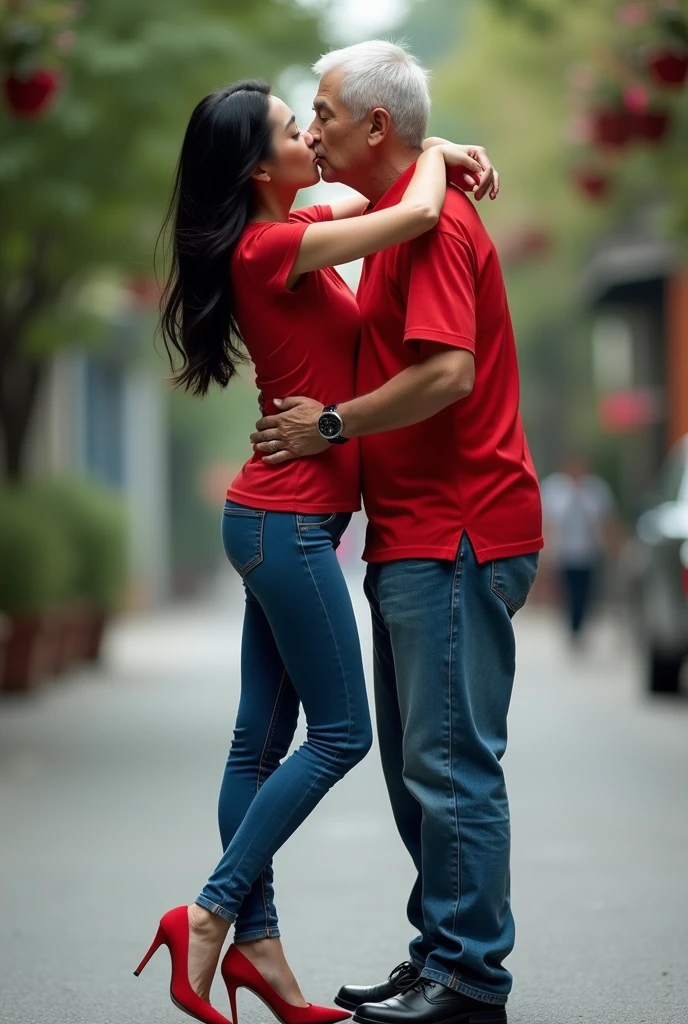 Boy and girl kissing on road background is old temple