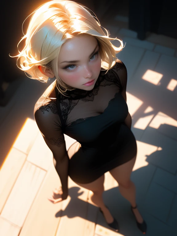 nsfv:1.5, masterpiece, best quality, high quality, high resolution, high quality textures, high quality shadows, high resolution, beautiful details, very detailed CG, detailed textures, realistic representation of faces, realistic, delicate, cinematic lights, ray tracing, sharp focus, (1 girl, full body view, from above, looking up, facing viewer, __Focus__:1.3), (complex details, draw up, Clean face_v1:0.5), (gentle face, beautiful with details, tender eyes, beautiful in the details, Ideal facial proportions, thick skin, small breasts, hands on waist, bodycon sheer dress, bare spread legs, short hair, blonde:1.3), simple dark background, (black background:1.3)