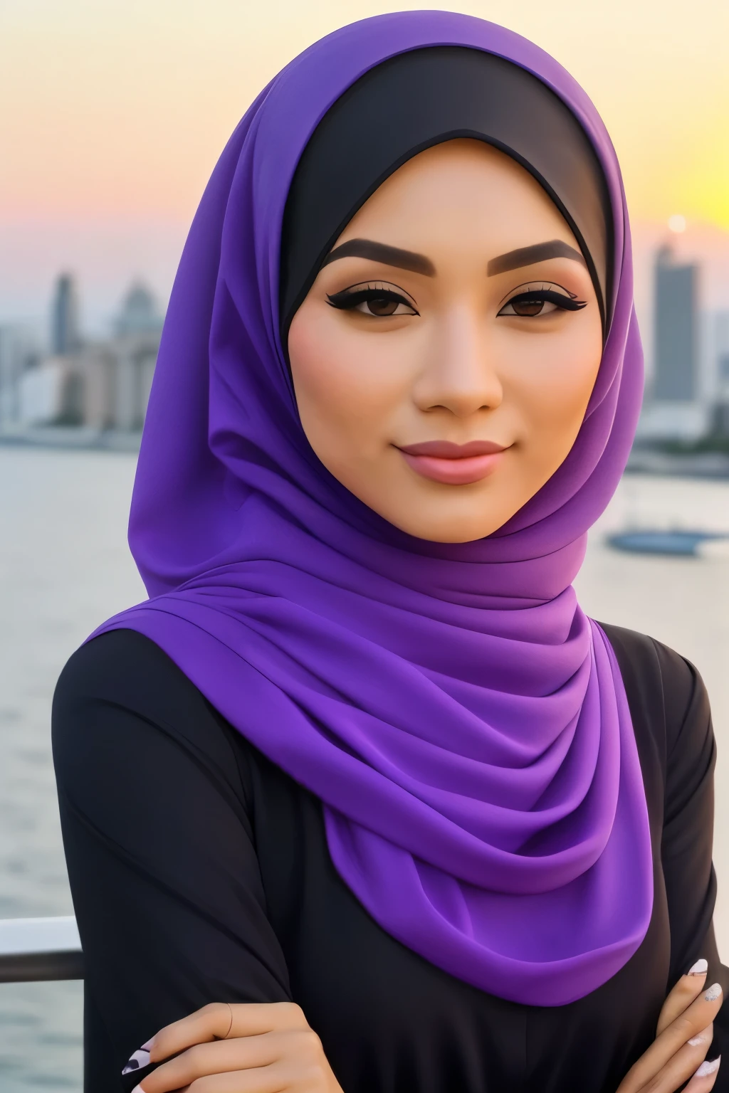 a most beautiful Asian muslimah woman with light purple leopard print hijab wears leopard print unitard catsuit.She always wear light purple leopard print hijab.