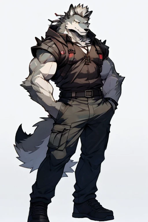 An Upper Torso Body And Right Body Picture of A Very Muscular Furry style Gray Wolf. he is wearing Full Armed Dark Green Soldier military Suit outfit. He is looking at the viewer. The background is only solid white nothing but just white. His hair is spikey and messy. He have A gray hair. He have a little smile with blushes on his face in shyness. He have a very long tail. he have gray eyes. his both hand are gripping together in between his legs. he is standing in the background.