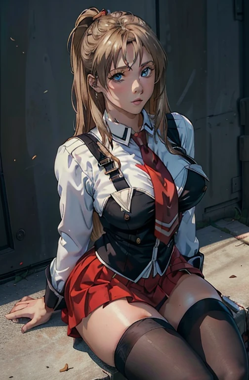 ((masterpiece, best quality)), insaneres, absurdres, solo, outdoors, CLOTHING_BibleBlack_SchoolDress_ownwaifu, 1girl, blonde hair, long hair, blue eyes, black vest, red skirt, white shirt, collared shirt, suspenders, school uniform, black thighhighs, zettai ryouiki, necktie, long sleeves, pleated skirt, red necktie, (from above, sitting)lens flare, depth of field, bokeh, embers, vanishing point, looking at viewer,
