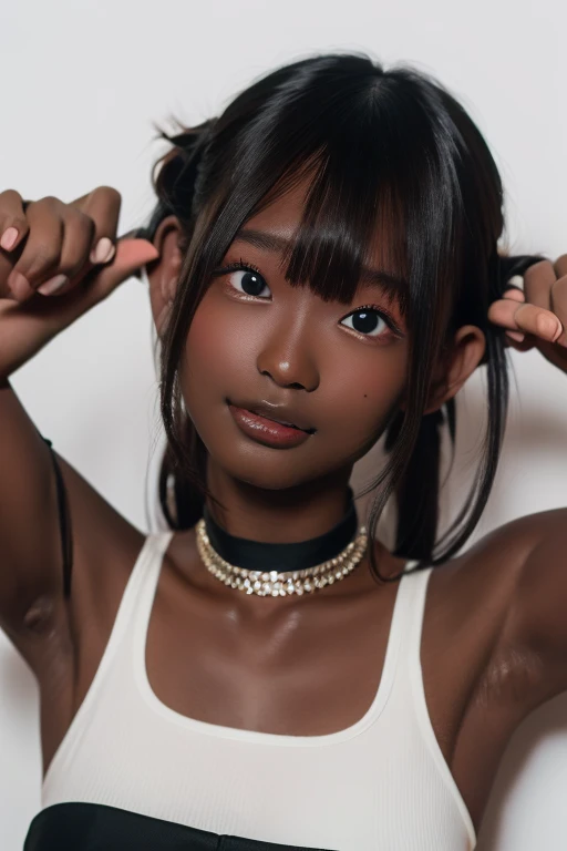 best quality, masterpiece, highres, (detailed:1.4), 1 girl, black hair, (((( dark skin:1.5 )))), extremally thin eyebrows , thick bluish eyeshadow, thick black eyeliner, Highlighted eyes with eyeliner, false eyelashes, (( arms up ))