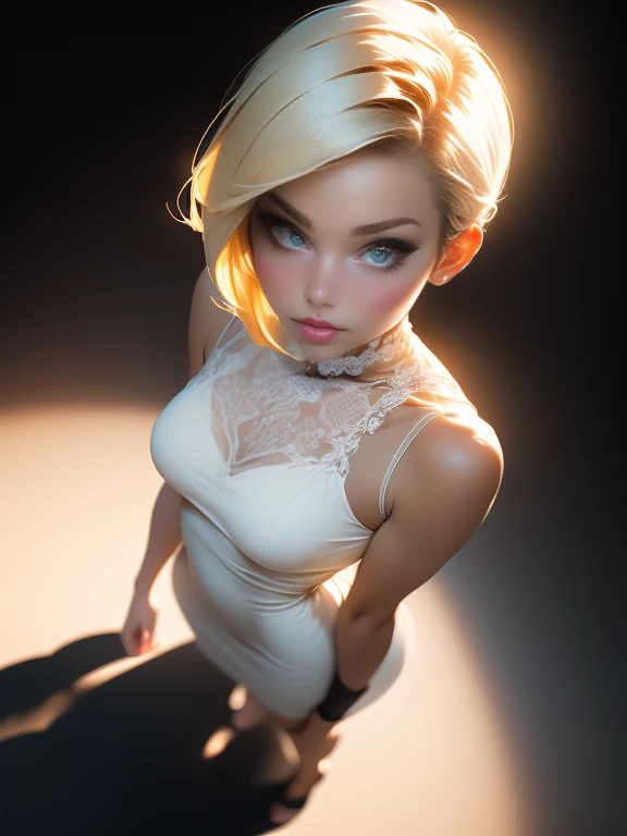 nsfv:1.5, masterpiece, best quality, high quality, high resolution, high quality shadows, high resolution, beautiful details, very detailed CG, realistic representation of faces, realistic, sharp focus, (1 girl, full body view, from above, looking at viewer, __Focus__:1.3), (complex details, draw up, Clean face_v1:0.5), (gentle face, beautiful with details, tender eyes, beautiful in the details, Ideal facial proportions, thick skin, small breasts, hands on waist, bodycon sheer dress, bare spread legs, short hair, blonde:1.3), simple dark background, (black background:1.3)