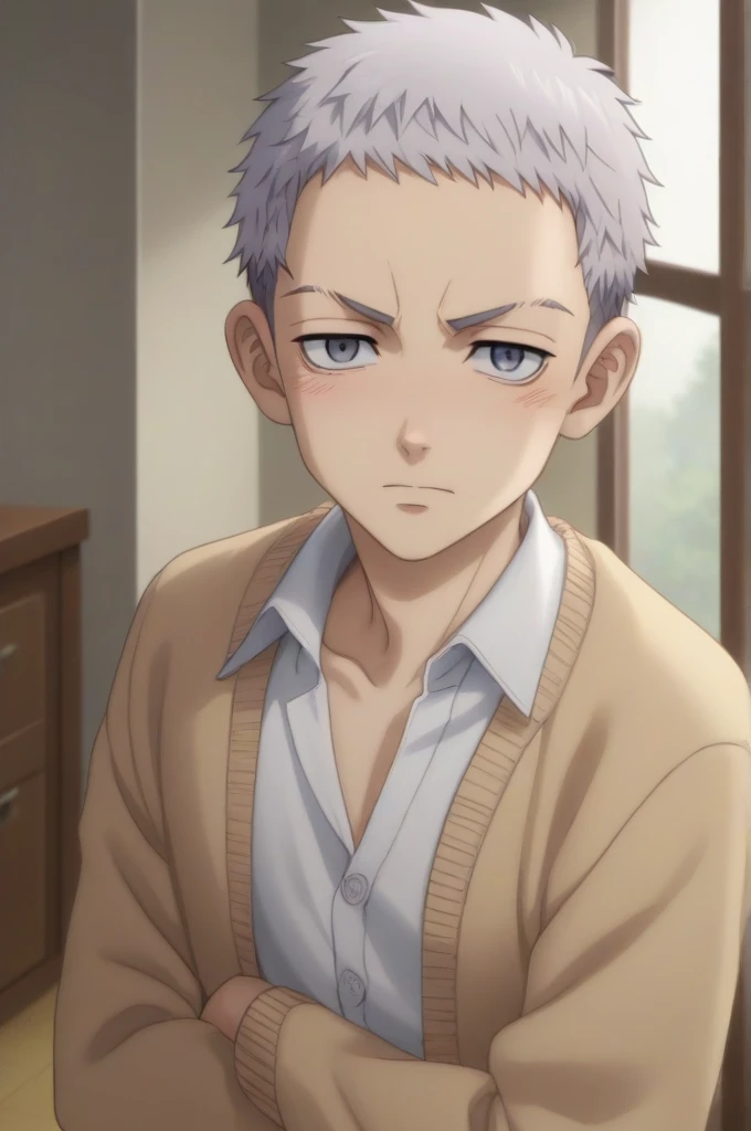 score_9, score_8_up, score_7_up, source_anime, rating_safe, , anime screencap, , , , , 1boy, solo, male focus, takashi_mitsuya, grey hair, grey eyes, short hair, from above, bedroom, (plush), day, crossed arms, shy, blush, score_9, score_8_up, score_7_up, source_anime, rating_safe, intricate details, anime screencap, anime coloring, official style, looking at viewer, , 1boy, solo, male focus, takashi_mitsuya, grey hair, grey eyes, short hair, upper body, dock, indoors, leaning back, speaking, talking, White shirt unbuttoned, Exposed torso, naked torso, Wearing a beige cardigan, Seductive look, blushing, In the sewing workshop, Highly strung, Kissing Hakkai Shiva on the mouth, passionate kiss, best quality:1.1), (masterpiece:1.4), wallpaper, looking at viewer, , depth of field, , , 3boy, Accompanied, male focus, hakkai_shiba, blue hair, blue eyes, short hair, , buzz cut, Kissing Takashi Mitsuya, blushing, in love,