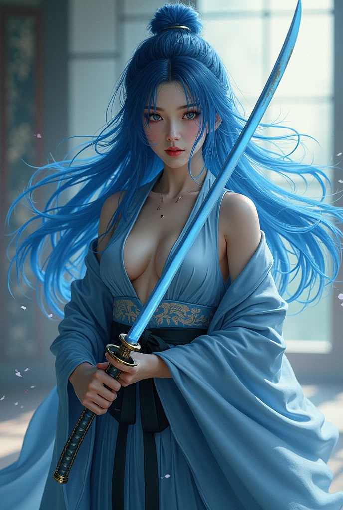 Ponytail, beautiful female warrior, approximately 20 years of age, with a perfect body and dressed only organza transparent coat (see-through: 2.0) , The character has dark blue hair with red highlights, tied in a horse tail, and holds a short sword in her hand. I would like the drawing to be done in any graphic convention that fits the character’s nature, wet skin, shiny skin, transparent organza flowing coat, photorealistic: 2.0. Shiny skin, make up, makeup eyes, dark red lipstick, long lashes