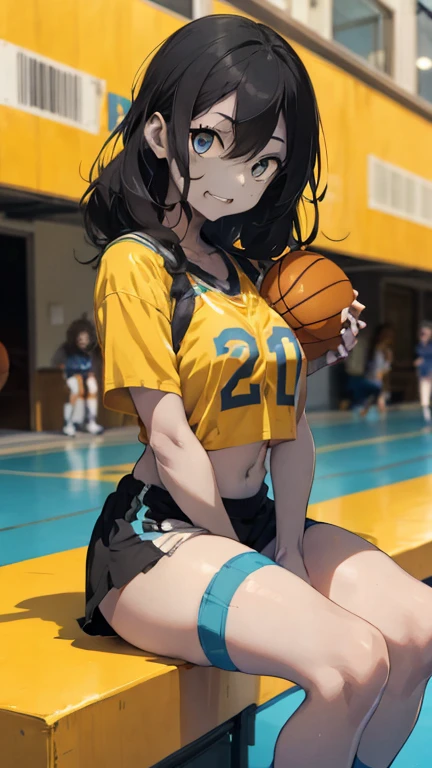 1 female, zombie skin, zombie body, afro hair, black hair, long hair, darker skin, brown skin, huge breast, thick legs, light blue eyes, wearing yellow nba jersey, yellow croptop nba jersey, wearing a low cut croptop, wearing croptop, croptop, golden raito, (winking), shirobako, sitting down, with basketball, Basketball court, ((blurred background: 1.1)), happy face
