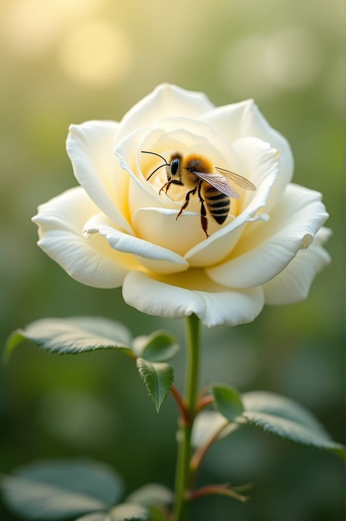Real Roses And Bees Realistic photography of a white rose with a bee on it. - SeaArt AI