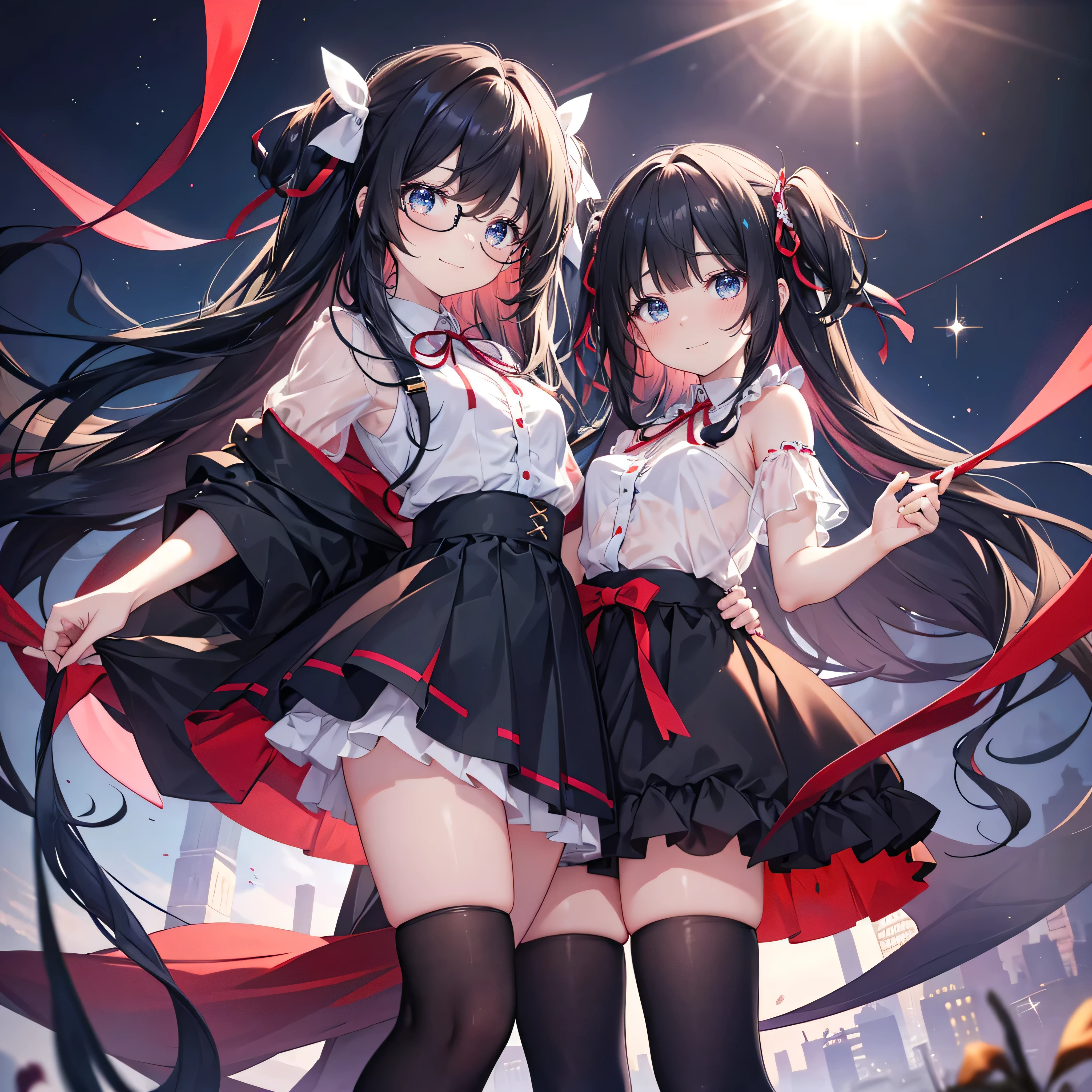 Masterpiece, Best quality, in a spring, 2girls, Absurdly long hair, Black hair, heterochromia blue red, Seductive smile, serafuku, a garter belt, shoes , Hair_decorations, arms behind head,