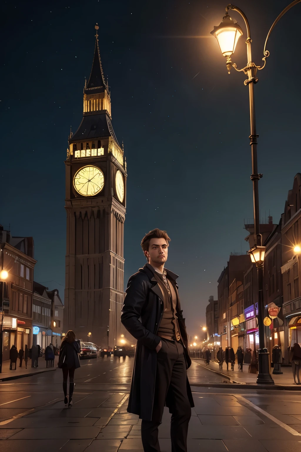 a city at night with a large clock tower in the background, cute face, classic scenario, arstation and beeple highly, city street, metropolis, Albert Edward Hughes's draw style
