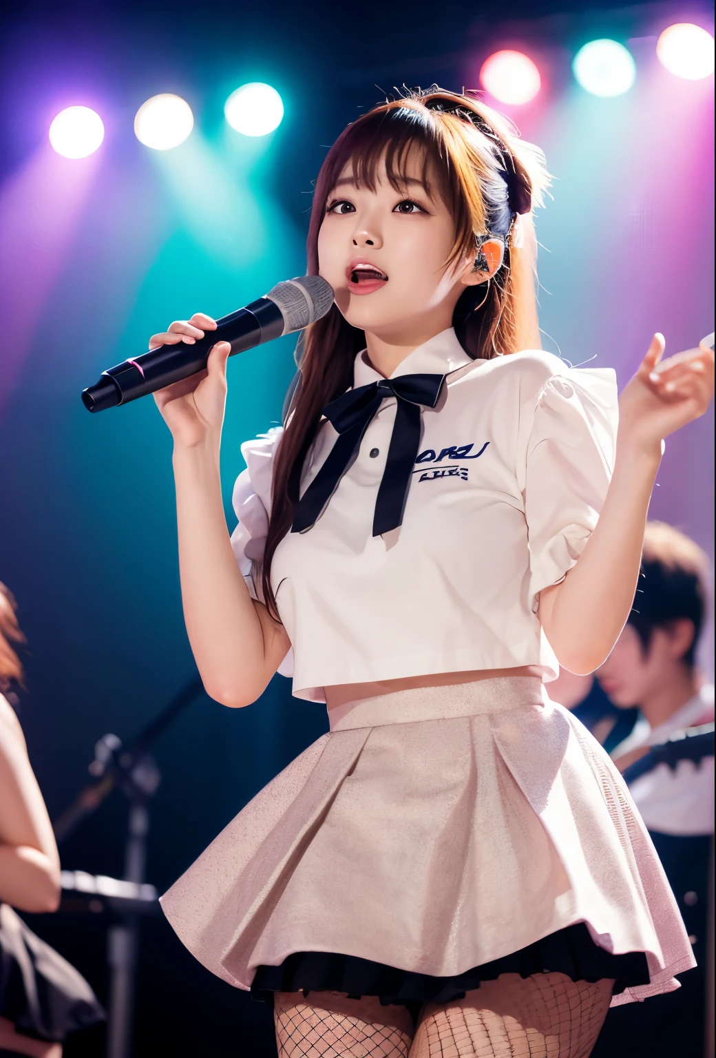 masterpiece, top-quality, 8K, absurderes, (The upper part of the body:1.4), Idol stage costumes, flered skirt、Kawaii Girl, Clean face, looking at the viewers, A smile, Hold the microphone and sing、A hyper-realistic, hight resolution, a picture, film grains, chromatic abberation, foco nítido, nffsw, face lights, Dynamic lighting, 电影灯光, Professional Shadows, (Background of the concert venue:1.4), finely detail, authentic skin, delicated facial features, detailed faces and eyes, Sharp pupils、