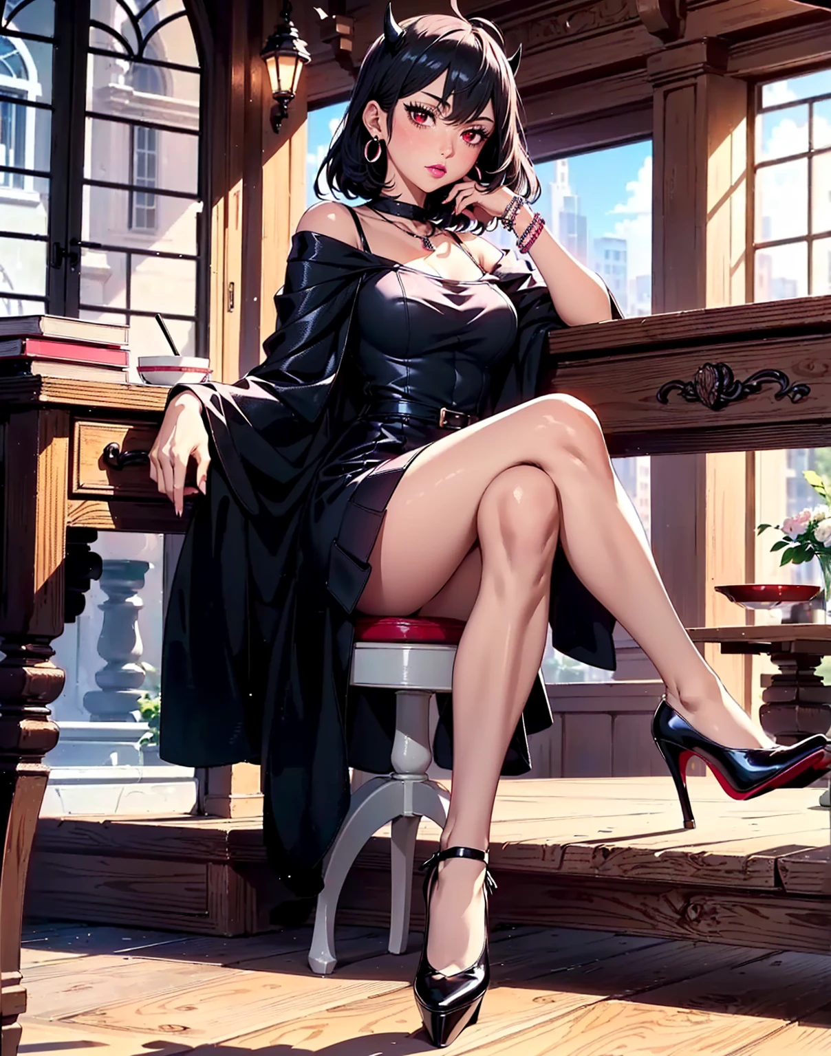 ((1girl, solo ,alone, Nero, Secre Swallowtail, illustration, (anime style, masterpiece, best quality), intricate details, 1girl, alone, Nero, black hair, short hair, red eyes, horns, black dress, black bulls, elegant delicate, reflection, shine, sophisticated, anime, manga, looking at the viewer, feathers)), ((solo, 1woman, pink lipstick, Extremely detailed, ambient soft lighting, 4k, perfect eyes, a perfect face, perfect lighting, a 1girl)), austere , ((fitness,, shapely body, athletic body, toned body)), (( black dress, high heels, elegant, glamorous, jewelry, bracelets, necklace, earrings, coffee shop, tables, chairs, sitting, legs crossed, park, trees, sidewalk, bushes, city, smug ))