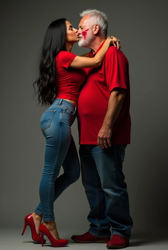 A pale white woman with chocolate colored hair, eyes browns, subtom frio, voluptuous chubby, His stature is short, is wearing a black dress with a print of white kittens, All star therefore, She must be wearing red lipstick, she has tattoos on her arms, she is kissing a bald man with tall stature, He's chubby and has a brown, voluptuous beard., he wears glasses and has tattoos on his arm and legs, is wearing black shorts and a black shirt 
