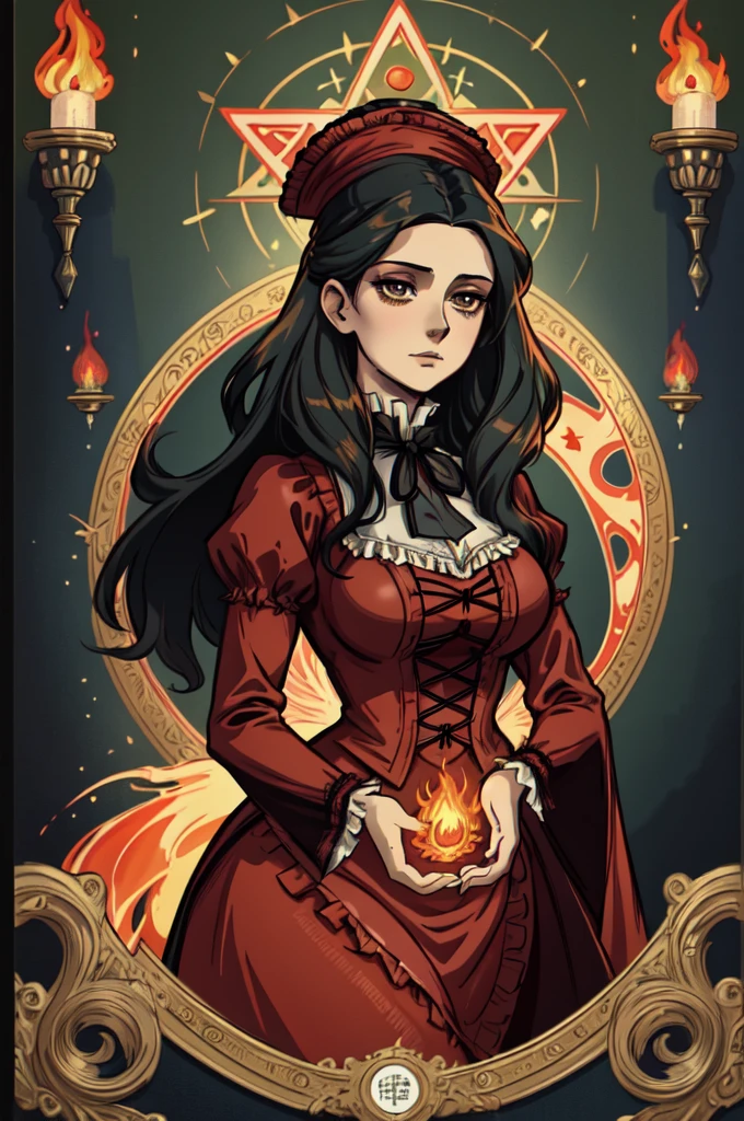 victorian_esoteric, Victorian poster of a woman, mystical clearing, flickering of distant flames, (heat, Cold, Warmth palette), Masterpiece, 8K, high resolution, shallow depth of fieldsharp focus, Wanda Maximoff animated anime 