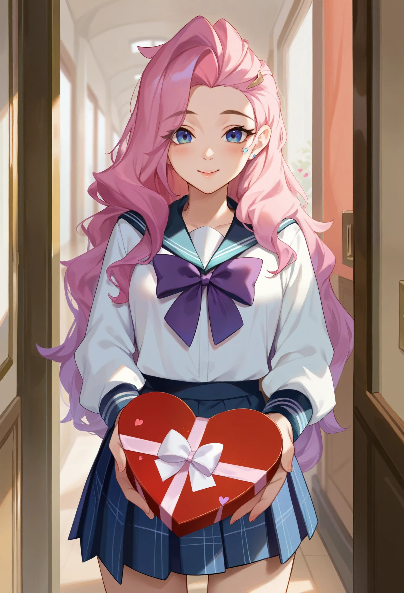 score_9, score_8_up, score_7_up, score_6_up, score_5_up, score_4_up, source_anime,
1girl, seraphine school hallway, school uniform, waiting, blush, standing, valentines chocolate, holding gift, confession, looking at viewer