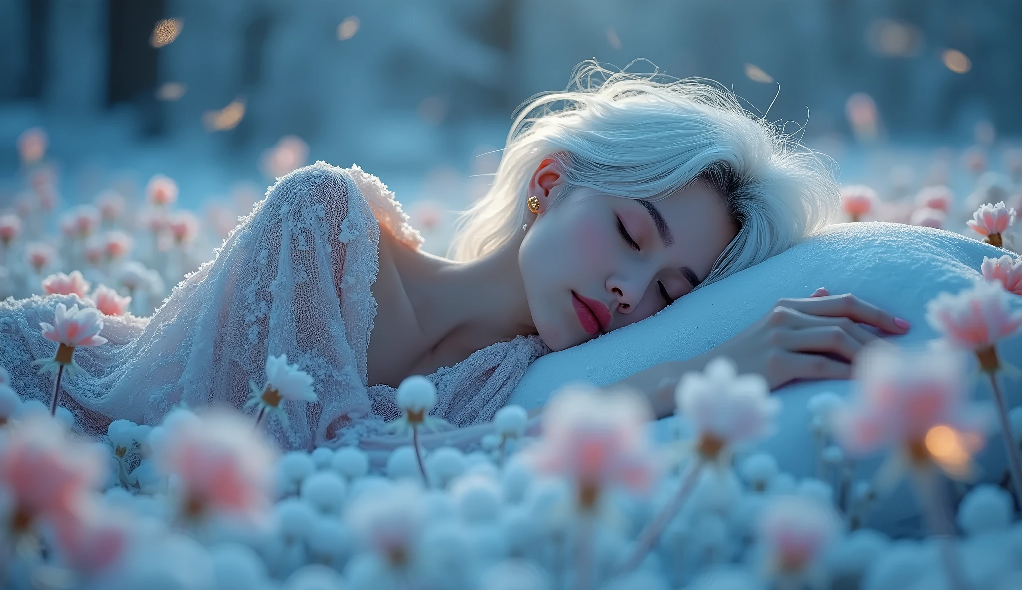 Blond woman laying in a field of flowers with her eyes closed - SeaArt AI