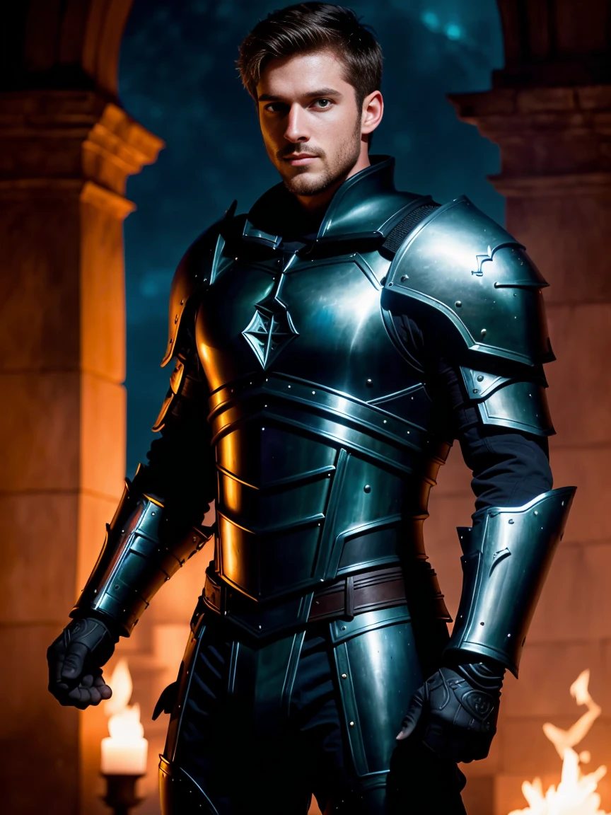 1man, A shot An awe-inspiring male paladin, 30 years old，small beard, Sexy and charming expression，gloomy eyes，Blue eyes, emb3r4rmor, shirtless, wearing a embers black bodysuit, extremely masculine physique, intricately detailed metal body armour, dynamic pose, emanating potent light magic. The scene is set in a dark and mysterious cityscape, illuminated by the glow of the paladin's magic. The composition is expertly crafted, with breathtaking attention to detail and cinematic lighting. The overall aesthetic is reminiscent of Fujifilm photography, capturing the beauty and depth of the scene