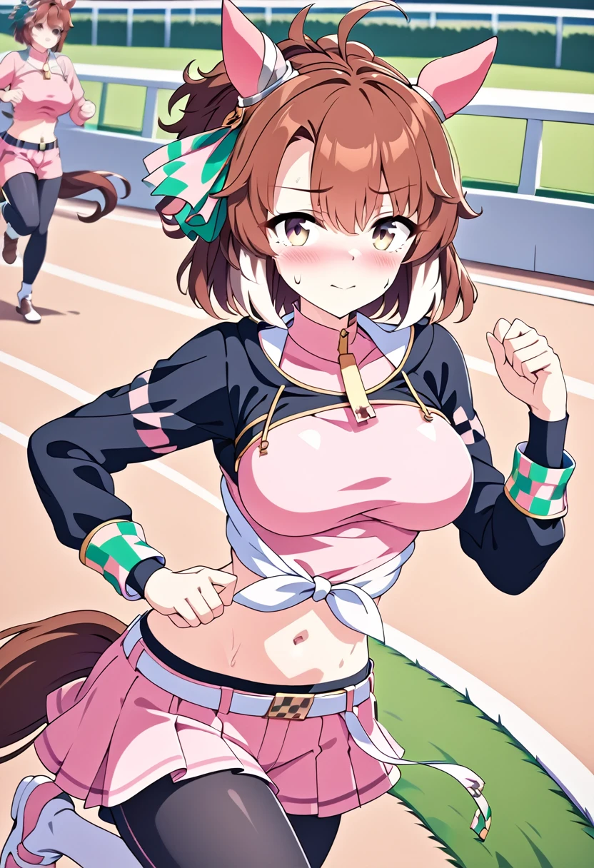 1girl,dantsu_flame\(umamusume\),horse tail,horse ears, black pantyhose, midriff, belt, tied shirt, pink skirt, navel, solo, pink shirt, long sleeves, pink shorts,from side,serious,sweat,closed mouth,grit your teeth, motion blur,(((running))),((dash)), sweat,smoke,(((turf))),motion lines, (((horse racing track))), chibi,,ai-generated,,beautiful eyes,masterpiece,best quality,highres,4k,8k,