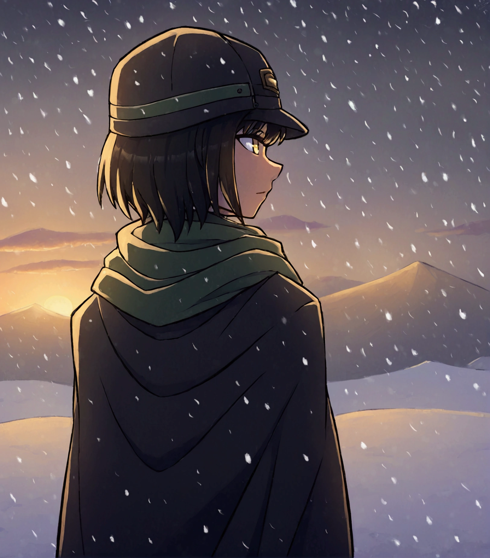 1 girl, solo, desert, black, Black hair, Beautiful Yellow EyesShort Hair Hair, long bangs, body piercing, military cloak, scarf, cap, deep forest, evening, snowing, winter, Grey sky, clouds, , poor lighting.