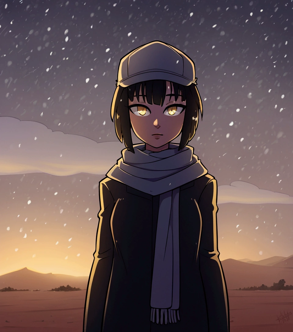 1 girl, solo, desert, black, Black hair, Beautiful Yellow EyesShort Hair Hair, long bangs, body piercing, military cloak, scarf, cap, deep forest, evening, snowing, winter, Grey sky, clouds, , poor lighting.