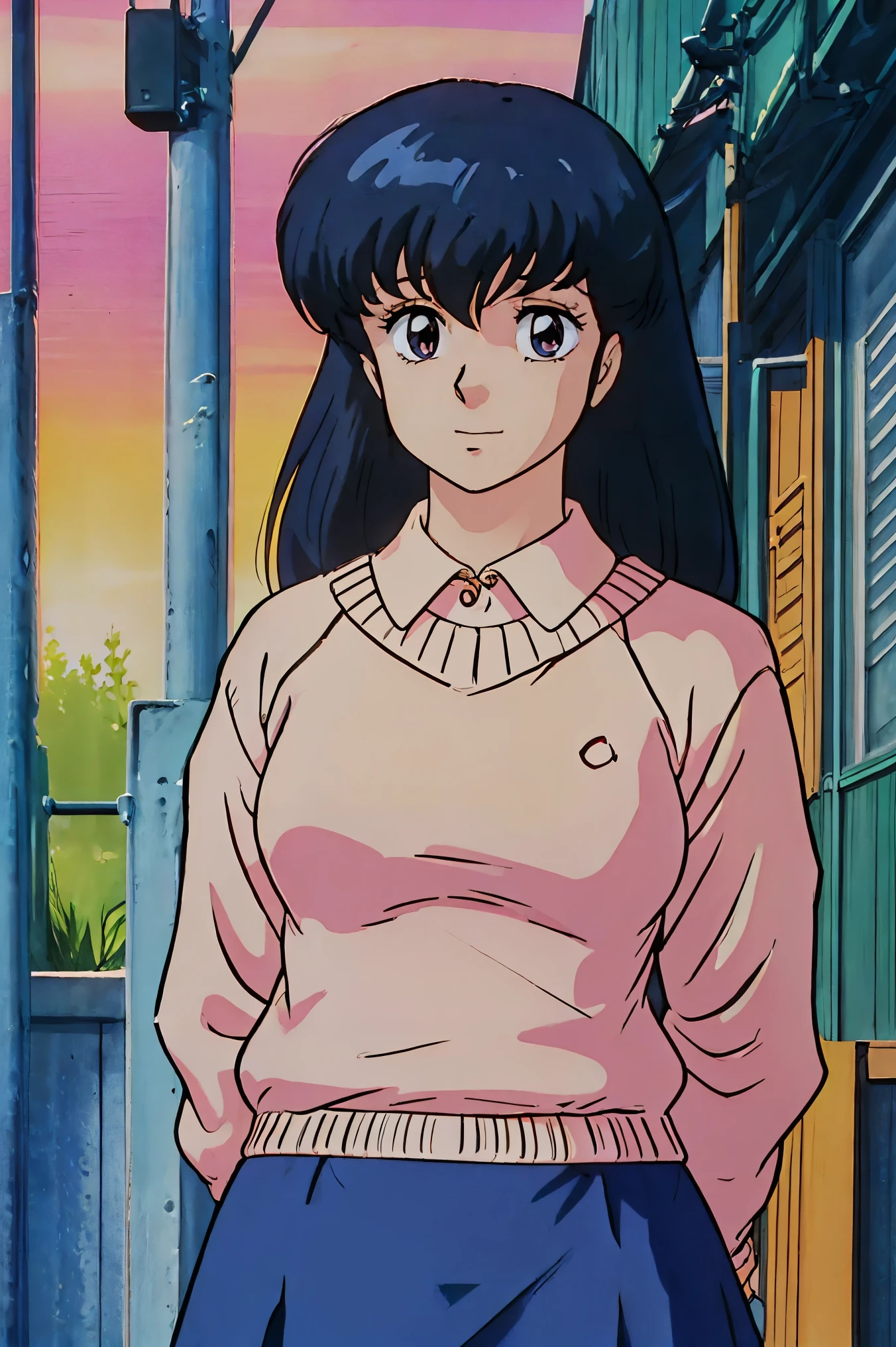 kyoko,score_9,score_8_up,score_7_up,source_anime,1girl,solo,looking at viewer,city,streetscapes in the 1980 s,asphalt pavement,pavement,lamppost,power_lines,orange sky,dusk,pink sweater,white collared shirt,long_skirt,blue skirt,cowboy_shot,front view,standing,smile,:d,arms_behind_back,