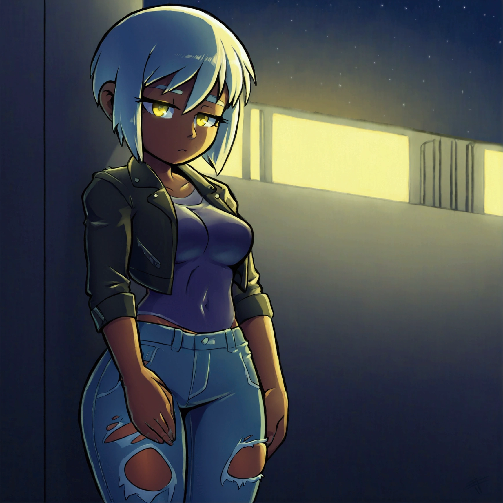 1 girl, solo, tanned skin, yellow eyes, tired look, Short hair Hair, long bangs, short stature, , Leather Jacket, ripped jeans, medium breasts, middle thighs, athletic build. Night, suburb, poor lighting, night lighting.