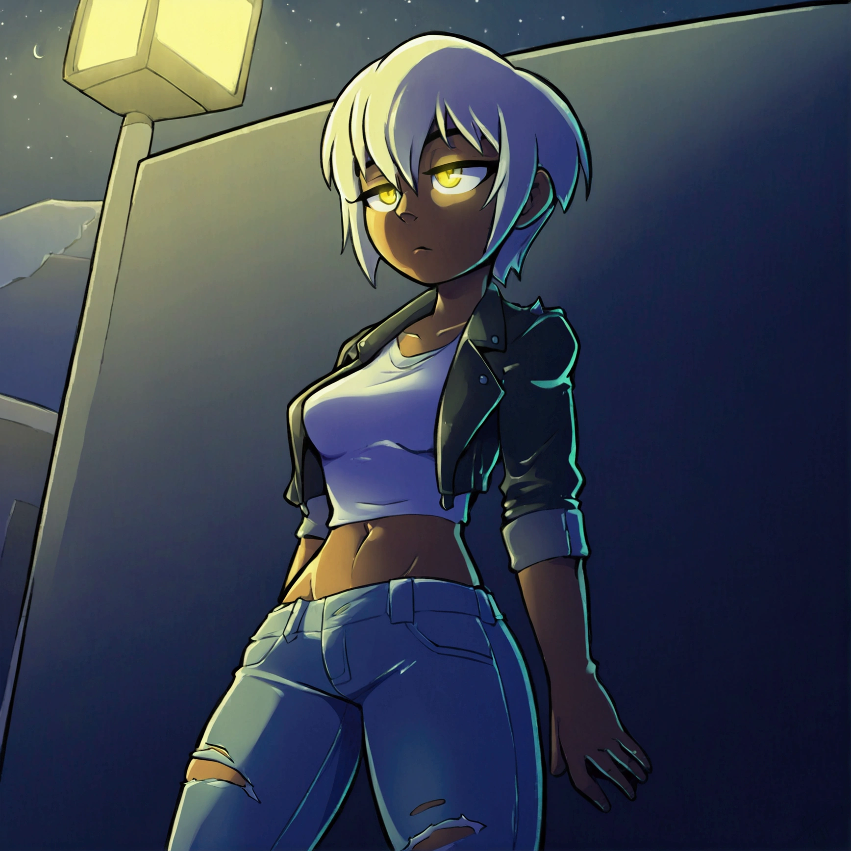 1 girl, solo, tanned skin, yellow eyes, tired look, Short hair Hair, long bangs, short stature, , Leather Jacket, ripped jeans, medium breasts, middle thighs, athletic build. Night, suburb, poor lighting, night lighting.