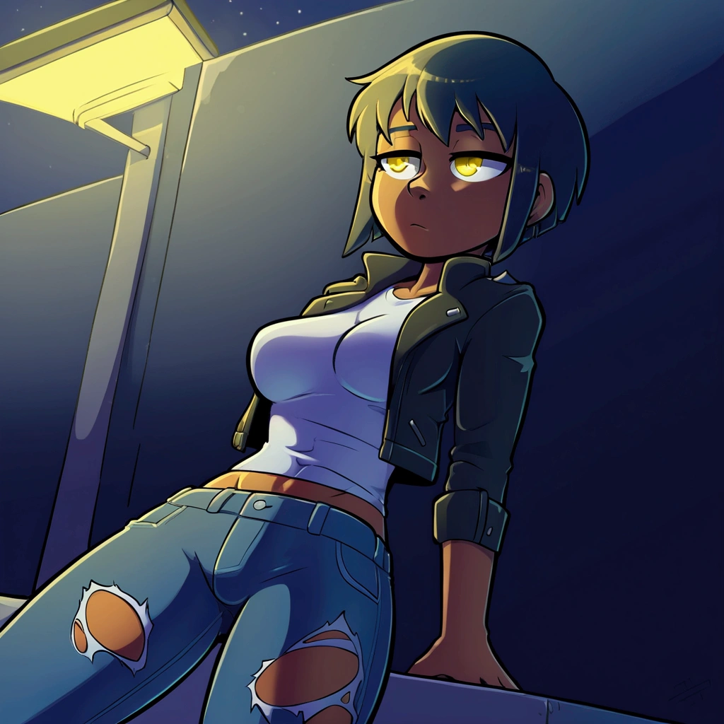 1 girl, solo, tanned skin, yellow eyes, tired look, Short hair Hair, long bangs, short stature, , Leather Jacket, ripped jeans, medium breasts, middle thighs, athletic build. Night, suburb, poor lighting, night lighting.