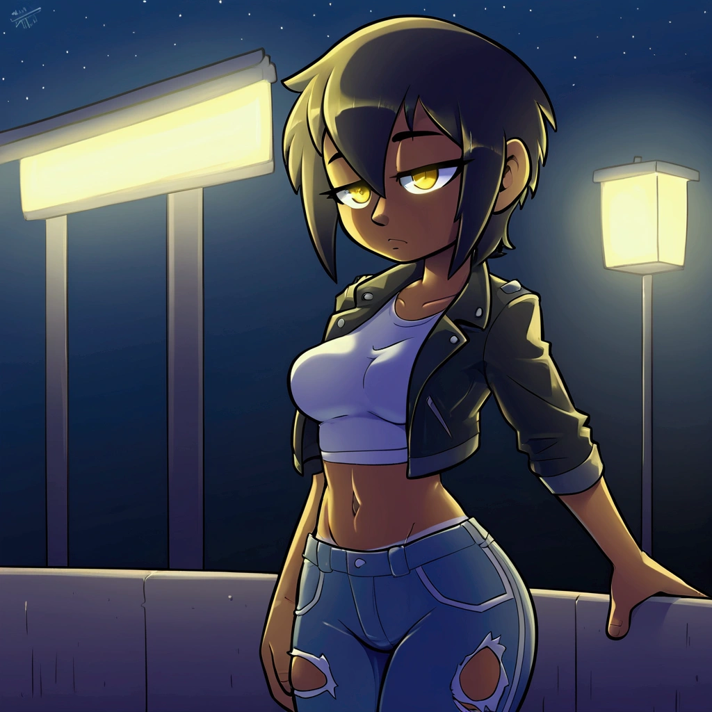 1 girl, solo, tanned skin, yellow eyes, tired look, Short hair Hair, long bangs, short stature, , Leather Jacket, ripped jeans, medium breasts, middle thighs, athletic build. Night, suburb, poor lighting, night lighting.