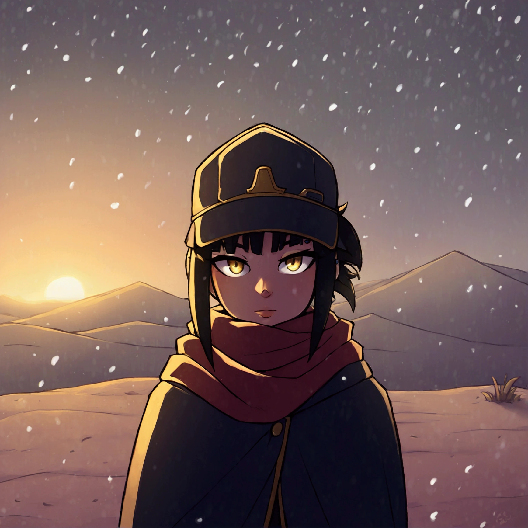 1 girl, solo, desert, black, Black hair, Beautiful Yellow EyesShort Hair Hair, long bangs, body piercing, military cloak, scarf, cap, deep forest, evening, snowing, winter, Grey sky, clouds, , poor lighting.