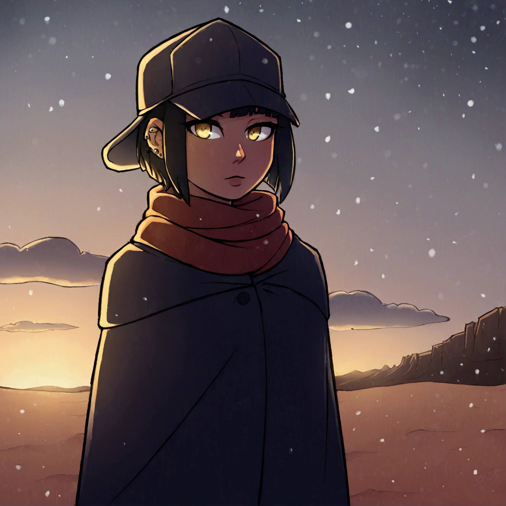 1 girl, solo, desert, black, Black hair, Beautiful Yellow EyesShort Hair Hair, long bangs, body piercing, military cloak, scarf, cap, deep forest, evening, snowing, winter, Grey sky, clouds, , poor lighting.