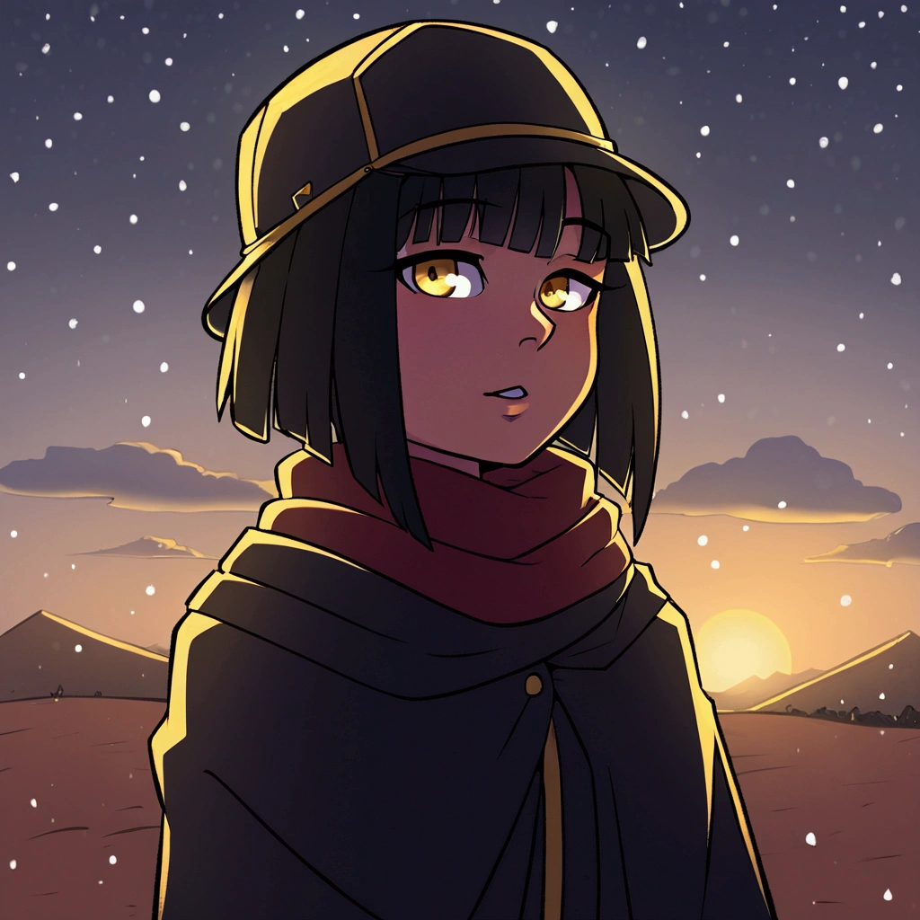 1 girl, solo, desert, black, Black hair, Beautiful Yellow EyesShort Hair Hair, long bangs, body piercing, military cloak, scarf, cap, deep forest, evening, snowing, winter, Grey sky, clouds, , poor lighting.