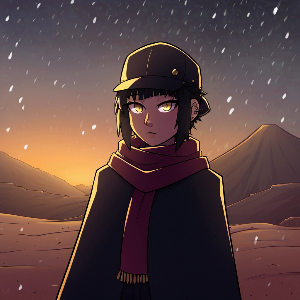 1 girl, solo, desert, black, Black hair, Beautiful Yellow EyesShort Hair Hair, long bangs, body piercing, military cloak, scarf, cap, deep forest, evening, snowing, winter, Grey sky, clouds, , poor lighting.