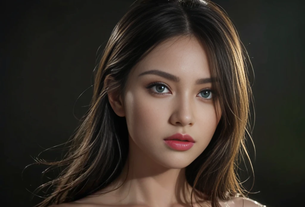 Beautiful girl, green eyes, (best qualityer, ultra detail), (realisitic:1.37), beautiful and detailed face, ultra-realisitic texture, Exquisite face, Delicate body, red lipgloss stick, shiny colors. High definition, 8k.