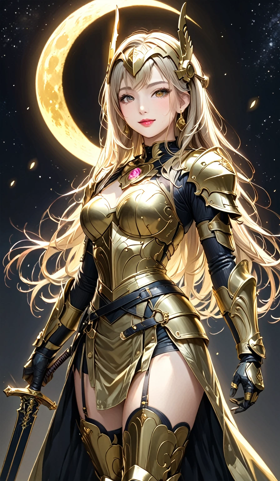 (Perfect Anatomy)、masterpiece、super high quality、 8k、masterpiece、Best Quality、Ultra-high resolution、Highest Resolution、Very detailed、Professional Lighting、woman、smile、so beautiful、Very detailedな目、Very detailedな顔、Gold earrings、blonde, Yellow Eyes、Detailed Armor Patterns、Center of chest,  compensate, Eyeliner, Eyeshadow, Pink Cheeks, Pink Lips,Glossy Lips、 Goddess Armor, Golden open mini skirt , whole body, gold, Extra long golden boots, Golden long gloves, woman格闘家, High heels, Gauntlets with golden claws, Golden cute headgear, Gold knee pads,Night view、Starry Sky、Big yellow moon、full moon、break、(((arms)))、break、(((sword)))、(((swordを構える)))、break、(((両手で地面にswordを刺す)))、Above the knee、View from the front、