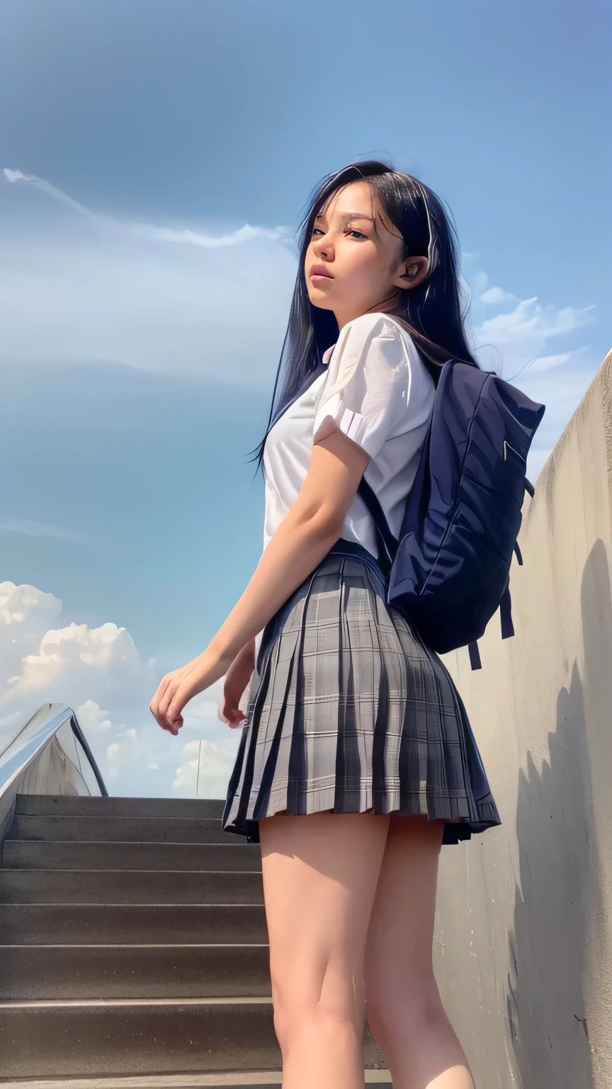 (masterpiece:1.2), (Highest quality:1.3), shallow_sunset, One girl, Are standing, high school girl, Bag_Have,Scene from school