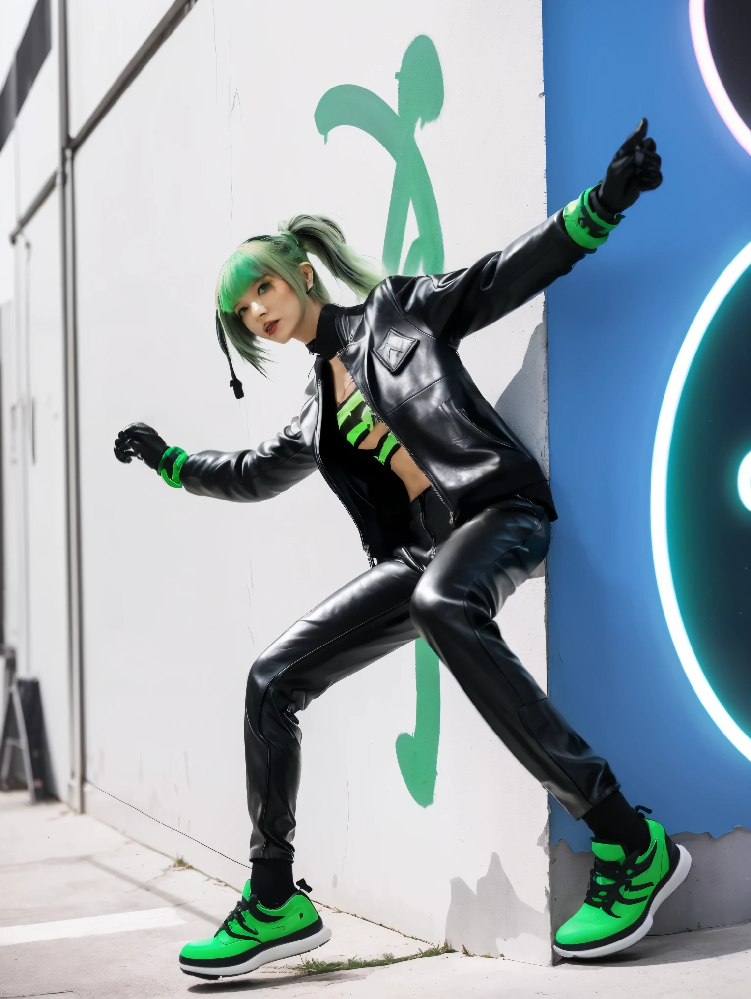 Dynamixpoze, 1girl, solo, a woman with green hair in a sleek leather suit sprinting through a dark alley, neon graffiti glowing on the walls, (masterpiece, best quality, amazing quality, very aesthetic, absurdres).