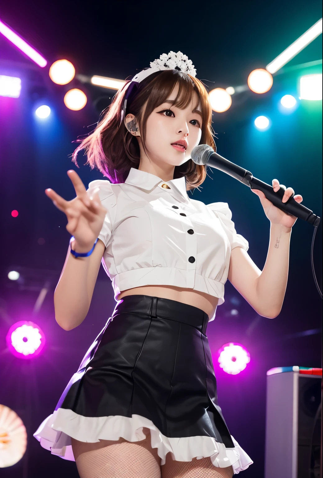(17 year old beautiful girl rock band group:1.5)、vocal、drum、base、Punk Rockの格好、NSFW、Super detailed、High resolution、transcendental beauty highest quality、masterpiece、Wear knee socks、Electric guitar、Wristband、earrings、necklace、Majimix Real、(RAW photo:1.2)、(Photoreal:1.4)、beauty in details、and delicate expression、On the outdoor stage of a concert、Packed fans、(I can see your nipples:1.5)、Punk Rockバンドのコスチューム、microphone、blonde、(Brightly colored messy berry short hair:1.3)、Sweat、((you can see me))、(squat)、eyelash、sparkling eyes、glossy lips、beautiful and detailed eyes、((beautiful japanese girl))、very detailed expression、highly detailed face、movie lighting、positive、((dynamic pose))、((open stance))、(You can see her pussy through the super miniskirt:1.8), Punk Rock、(Accurately represents the shape of the female genitals:1.5), (Detailed depiction of the labia minora, vaginal opening, Detailed depiction of the clitoris:1.5), (open your legs and kick:1.8)、(Electric guitarをマンコに当てる:1.8)、thin legs、(microphoneを持って叫んでいる:1.7)、Panting with sexual pleasure、(Feel the climax of ecstasy:1.6)、Open your mouth wide and scream、shame、Her cheeks flushed slightly、heartbreaking cry、angle from below