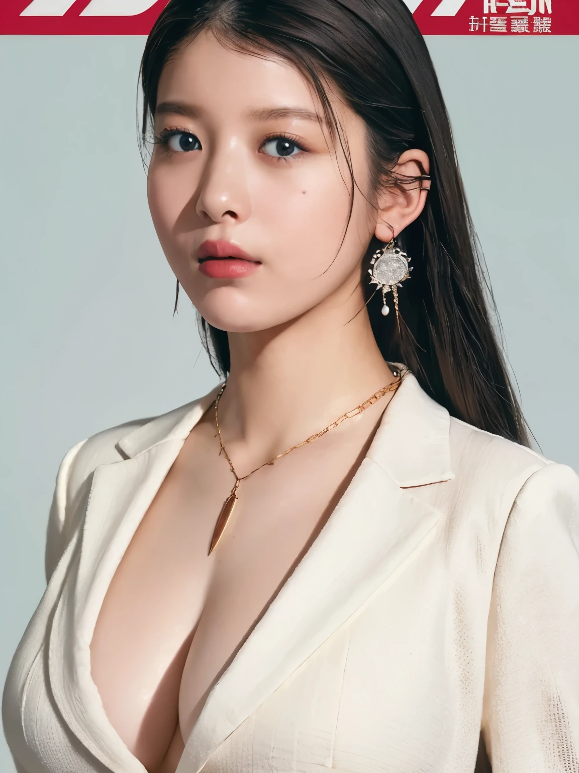 High resolution、masterpiece、Textured skin、high quality、超High resolution、magazine cover, politician, Very detailed、woman、Face close-up、Looking at the camera、(Big Breasts:1.1)、(Cleavage:1.0), (sagging breasts:1.0), Perfect Style、white jacket, suit, necklace, earring, parliament badge, upper