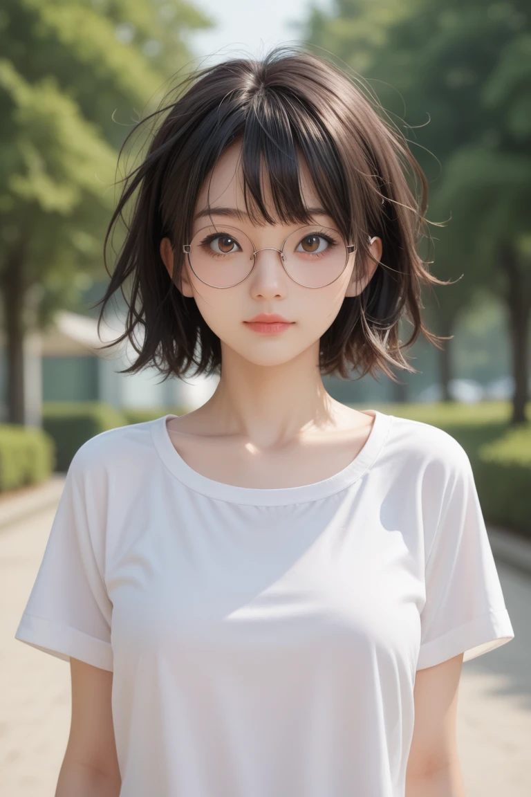 score_9, score_8_up, score_7_up, i want the whole image to be created in 3D anime style, 1girl, solo, looking at viewer, short hair, bangs, shirt, black hair, brown eyes, jewelry, closed mouth, collarbone, white shirt, upper body, short sleeves, outdoors, glasses, day, necklace, blurry, lips, depth of field, blurry background, messy hair, round eyewear