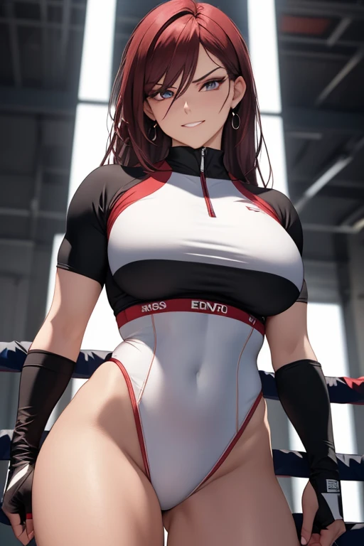 An evil executive woman with dark red eyes, ((She is looking down)), extremely detailed and realistic, masterpiece quality, ultra-detailed, HDR, vivid colors, physically-based rendering, ((She is facing completely to the side)), thick thighs, ((she does not look at me)), (gazing condescendingly at the viewer with a scornful grin),  she is a boxer, thick muscular thighs, wearing boxing wear