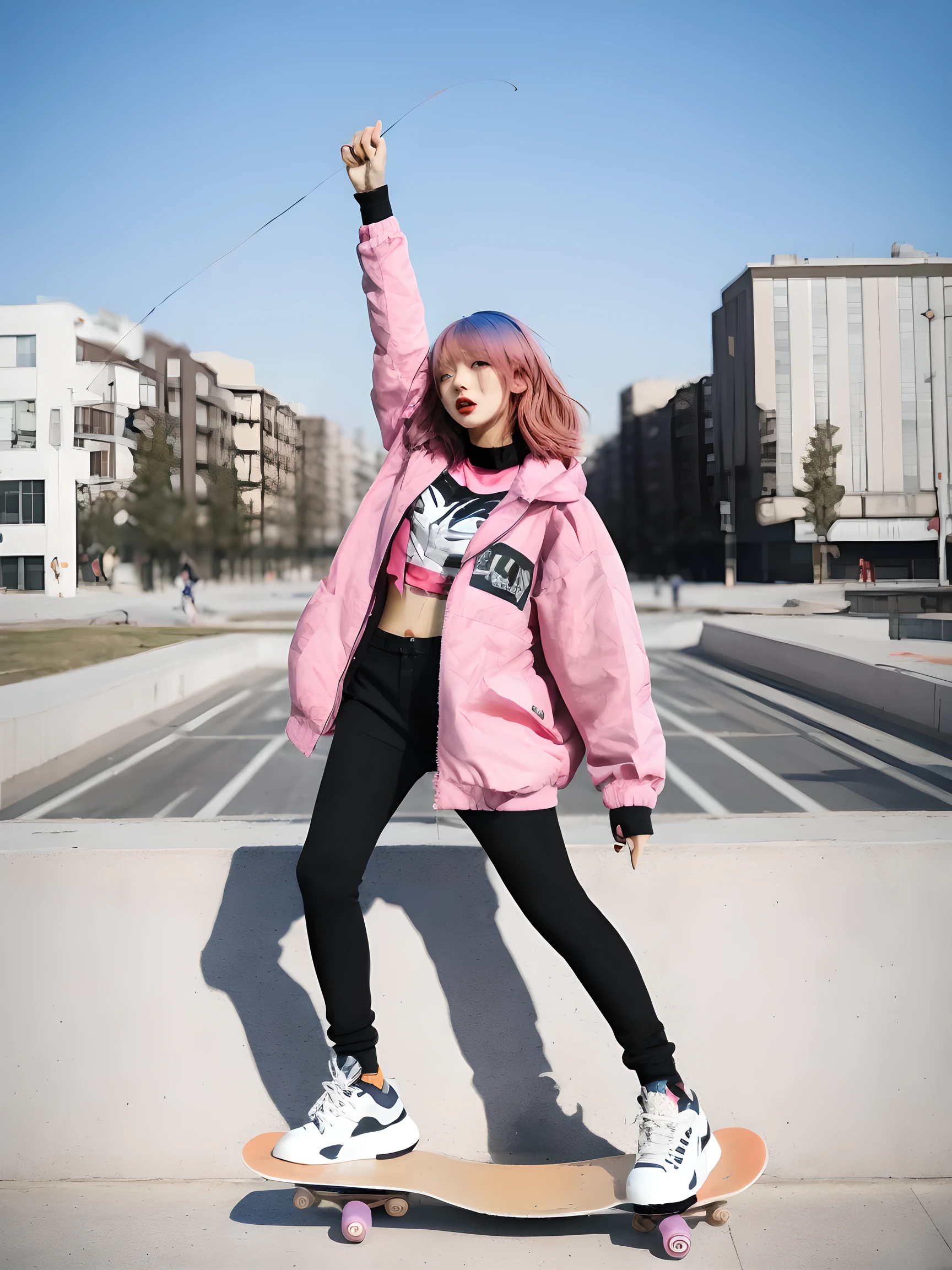 Dynamixpoze, 1girl, solo, a woman with pink hair skateboarding through a busy urban square, her bright jacket catching the wind, (masterpiece, best quality, amazing quality, very aesthetic, absurdres).