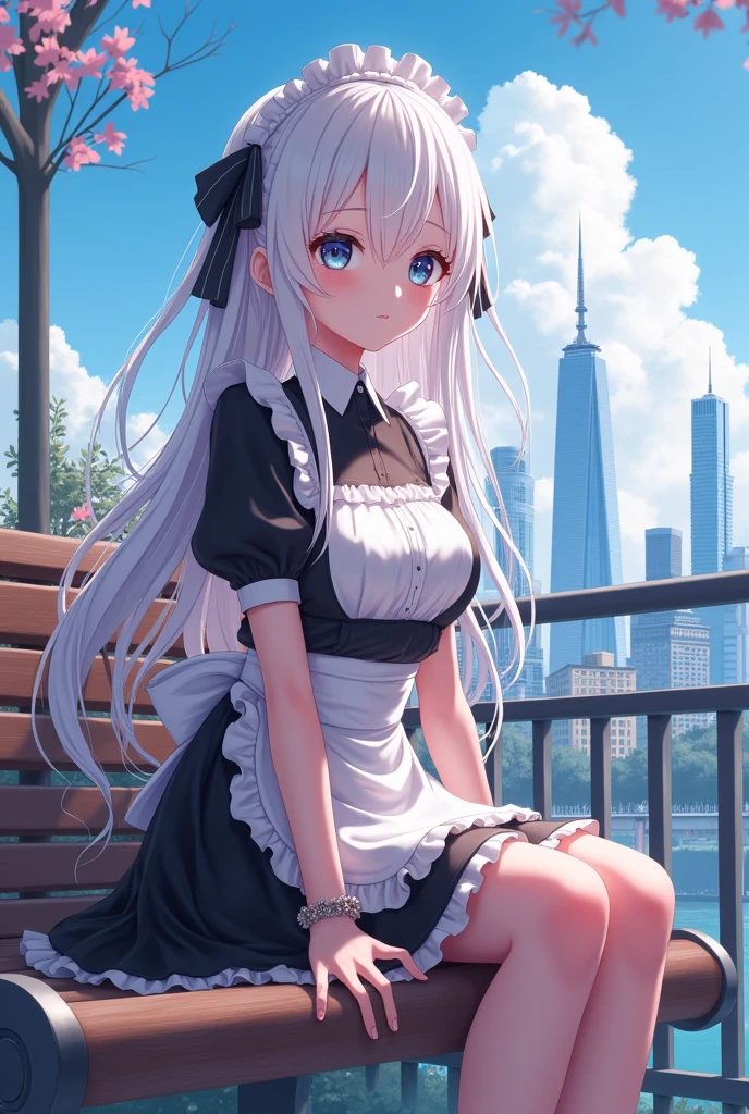 Anime girl in maid costume sitting on a bench,The background is a city, Best anime 4K Konachan wallpaper, exquisitedetails. Girl Front, sh, from Girl Front, From the Azur Lane video game, nightcore, Azur route style, Cute anime girl in a beautiful skirt, perfect white hair girl, seductive anime girls, Smooth anime CG art